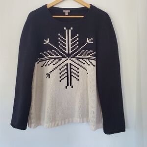 J. JILL XL INTARSIA Snowflake Velour Knit Sweater LS Relaxed Black White Nordic